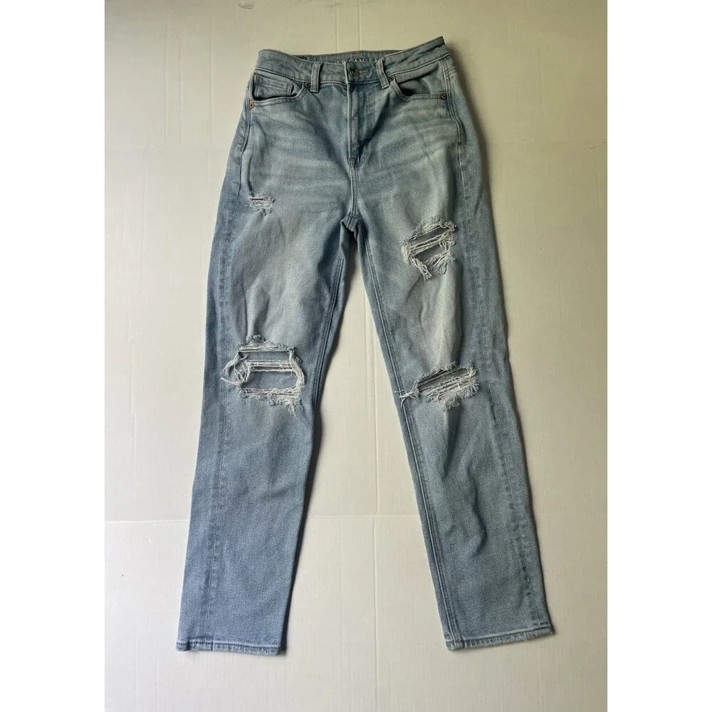 American‎ Eagle Womens Light Wash Distressed High Waisted Mom Jeans Regular